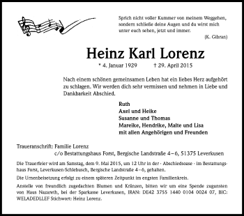 Anzeige von Heinz Karl Lorenz von Kölner Stadt-Anzeiger / Kölnische Rundschau / Express