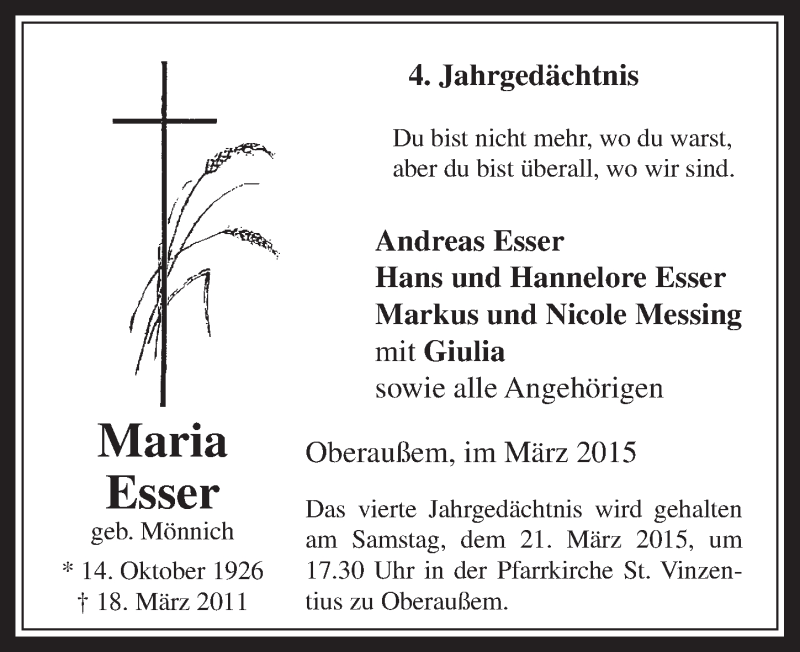  Traueranzeige für Maria Esser vom 18.03.2015 aus  Werbepost 
