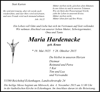 Anzeige von Maria Hardenacke von Kölner Stadt-Anzeiger / Kölnische Rundschau / Express