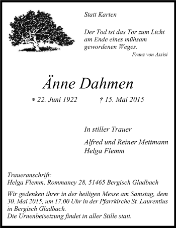 Anzeige von Änne Dahmen von Kölner Stadt-Anzeiger / Kölnische Rundschau / Express