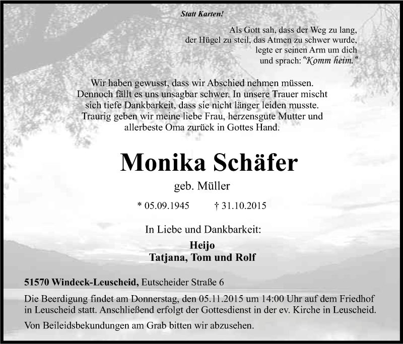  Traueranzeige für Monika Schäfer vom 03.11.2015 aus Kölner Stadt-Anzeiger / Kölnische Rundschau / Express