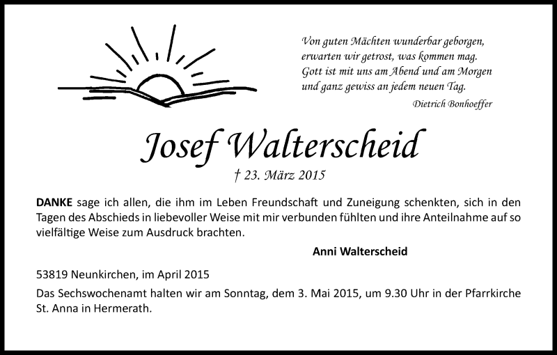  Traueranzeige für Josef Walterscheid vom 24.04.2015 aus Kölner Stadt-Anzeiger / Kölnische Rundschau / Express