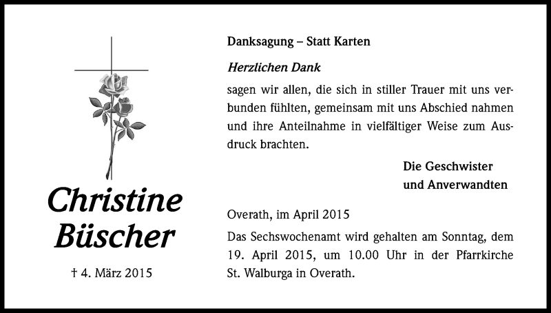  Traueranzeige für Christine Büscher vom 11.04.2015 aus Kölner Stadt-Anzeiger / Kölnische Rundschau / Express