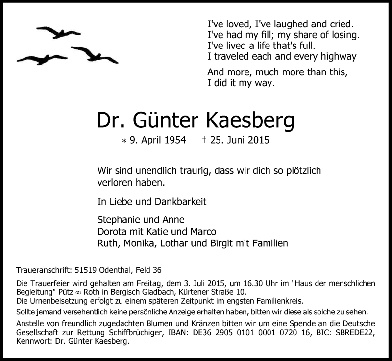  Traueranzeige für Günter Kaesberg vom 01.07.2015 aus Kölner Stadt-Anzeiger / Kölnische Rundschau / Express