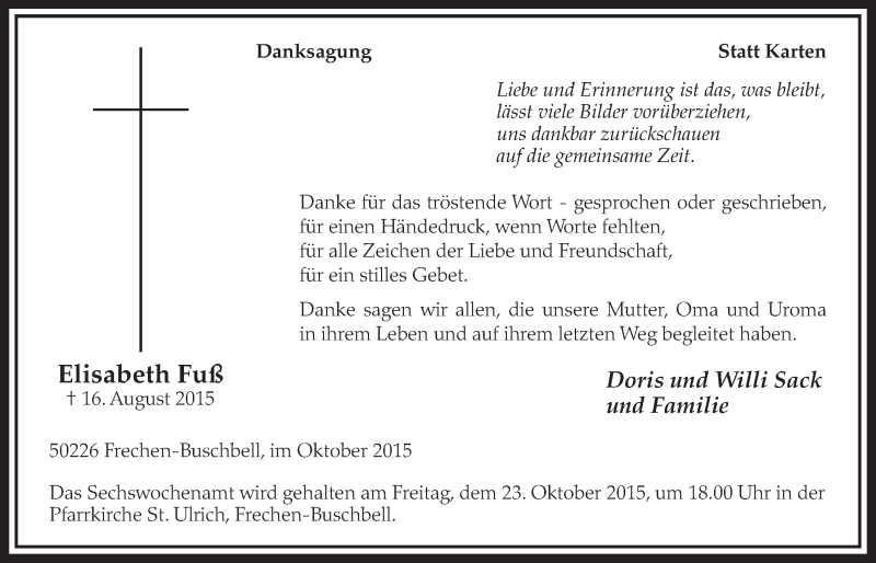  Traueranzeige für Elisabeth Fuß vom 17.10.2015 aus  Sonntags-Post 