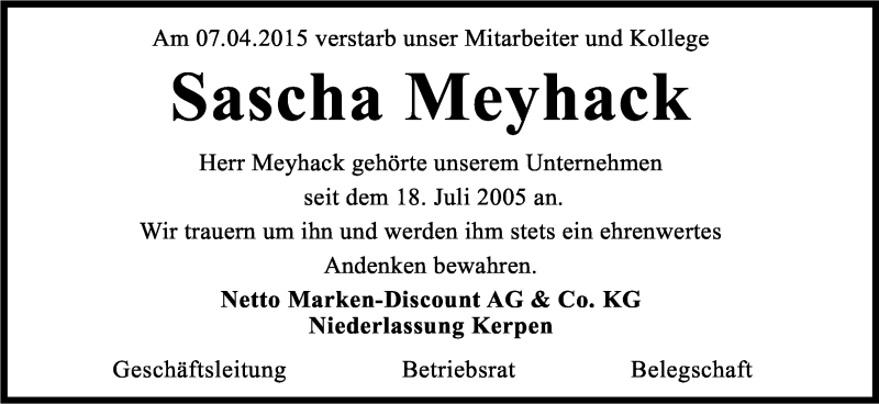  Traueranzeige für Sascha Meyhack vom 16.04.2015 aus Kölner Stadt-Anzeiger / Kölnische Rundschau / Express