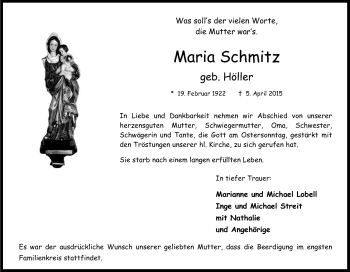 Anzeige von Maria Schmitz von Kölner Stadt-Anzeiger / Kölnische Rundschau / Express