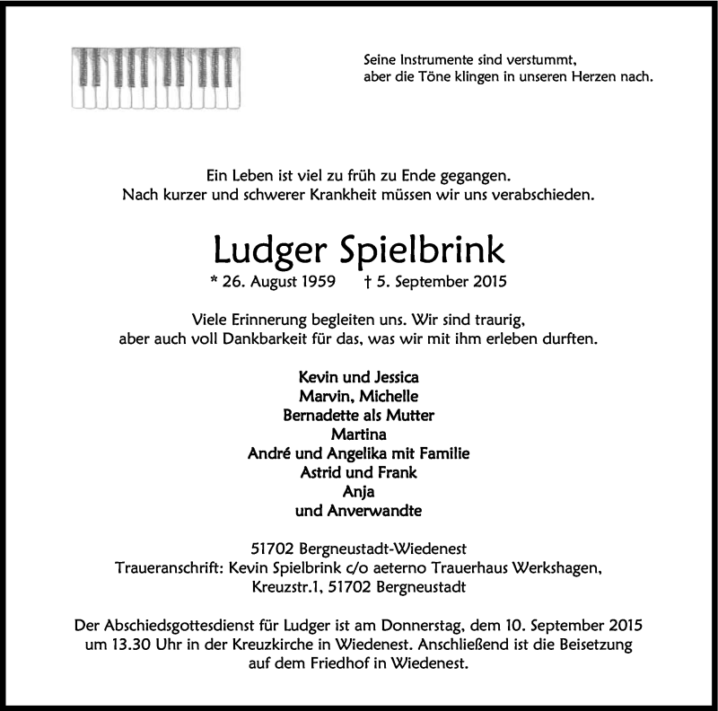  Traueranzeige für Ludger Spielbrink vom 08.09.2015 aus Kölner Stadt-Anzeiger / Kölnische Rundschau / Express