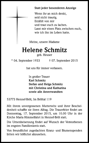 Anzeige von Helene Schmitz von Kölner Stadt-Anzeiger / Kölnische Rundschau / Express