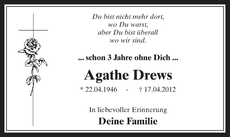  Traueranzeige für Agathe Drews vom 15.04.2015 aus  Werbepost 