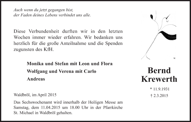  Traueranzeige für Bernd Krewerth vom 08.04.2015 aus  Lokalanzeiger 