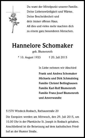 Anzeige von Hannelore Schomaker von Kölner Stadt-Anzeiger / Kölnische Rundschau / Express