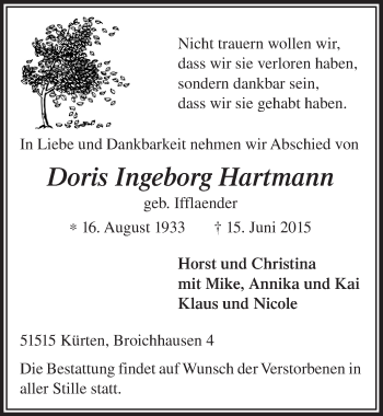 Anzeige von Doris Ingeborg Hartmann von  Bergisches Handelsblatt 