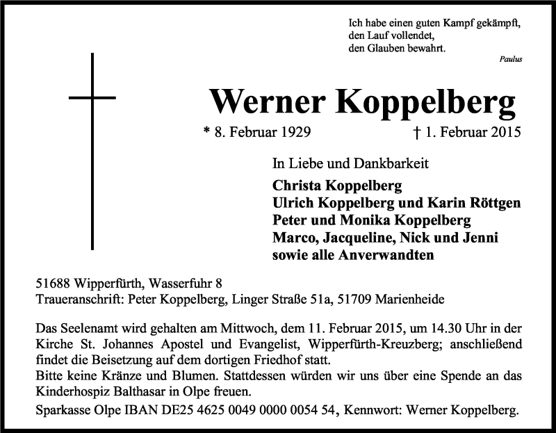  Traueranzeige für Werner Koppelberg vom 05.02.2015 aus Kölner Stadt-Anzeiger / Kölnische Rundschau / Express