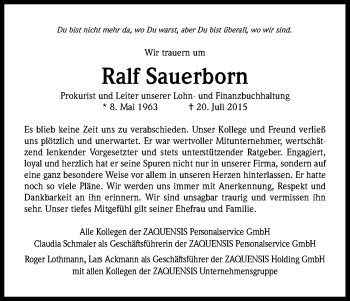 Anzeige von Ralf Sauerborn von Kölner Stadt-Anzeiger / Kölnische Rundschau / Express