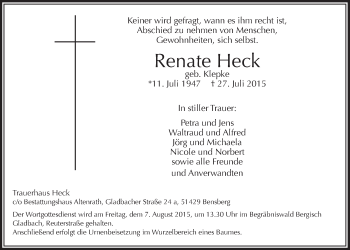 Anzeige von Renate Heck von  Bergisches Handelsblatt 