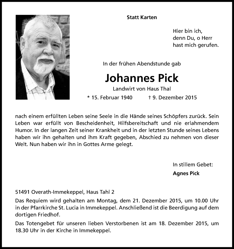  Traueranzeige für Johannes Pick vom 12.12.2015 aus Kölner Stadt-Anzeiger / Kölnische Rundschau / Express