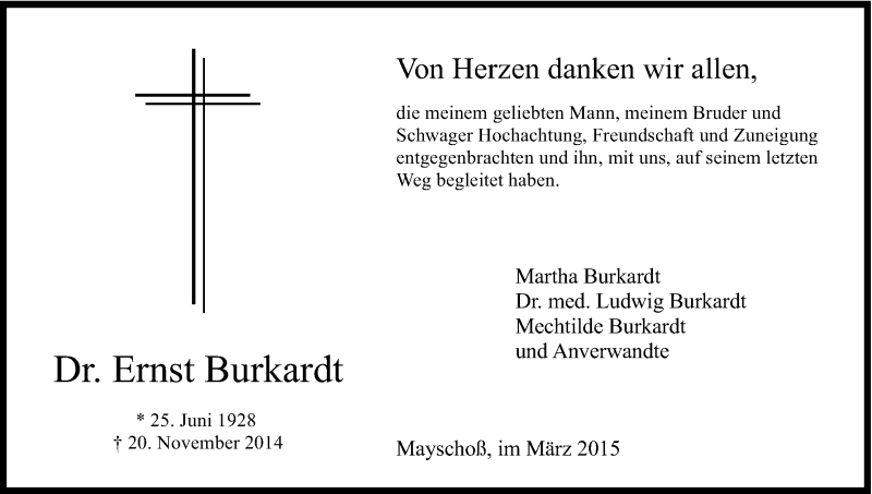  Traueranzeige für Ernst Burkardt vom 21.03.2015 aus Kölner Stadt-Anzeiger / Kölnische Rundschau / Express