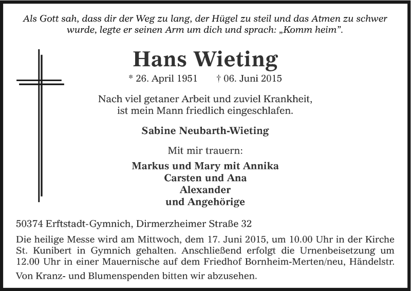  Traueranzeige für Hans Wieting vom 13.06.2015 aus Kölner Stadt-Anzeiger / Kölnische Rundschau / Express