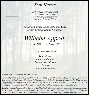 Anzeige von Wilhelm Appolt von Kölner Stadt-Anzeiger / Kölnische Rundschau / Express