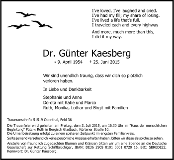 Anzeige von Günter Kaesberg von Kölner Stadt-Anzeiger / Kölnische Rundschau / Express