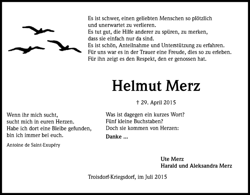  Traueranzeige für Helmut Merz vom 18.07.2015 aus Kölner Stadt-Anzeiger / Kölnische Rundschau / Express