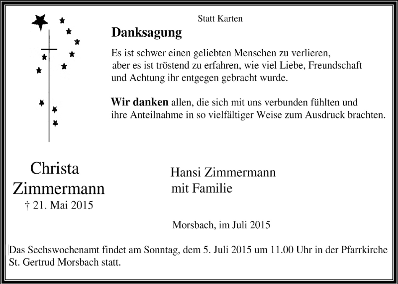  Traueranzeige für Christa Zimmermann vom 01.07.2015 aus  Lokalanzeiger 
