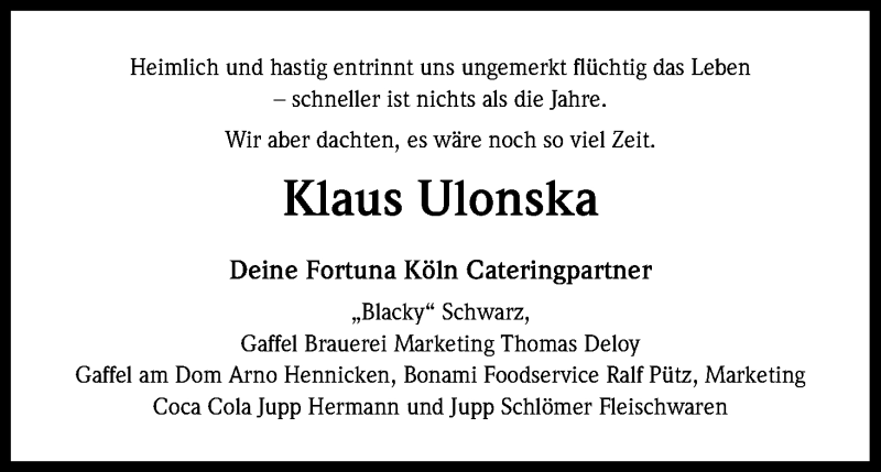  Traueranzeige für Klaus Ulonska vom 18.03.2015 aus Kölner Stadt-Anzeiger / Kölnische Rundschau / Express