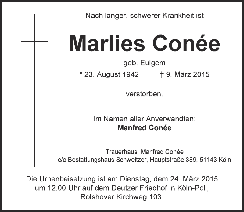  Traueranzeige für Marlies Conée vom 18.03.2015 aus  Kölner Wochenspiegel 
