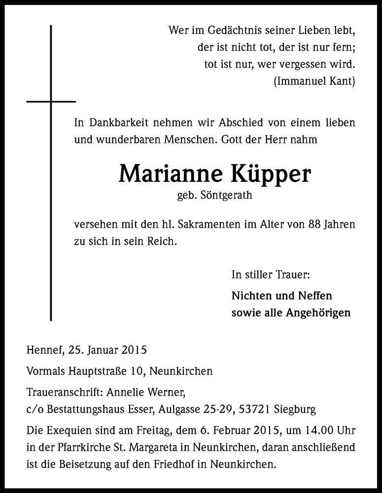 Traueranzeige für Marianne Küpper vom 31.01.2015 aus Kölner Stadt-Anzeiger / Kölnische Rundschau / Express