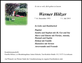 Anzeige von Werner Hölzer von Kölner Stadt-Anzeiger / Kölnische Rundschau / Express