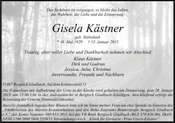 Anzeige von Gisela Kästner von Kölner Stadt-Anzeiger / Kölnische Rundschau / Express