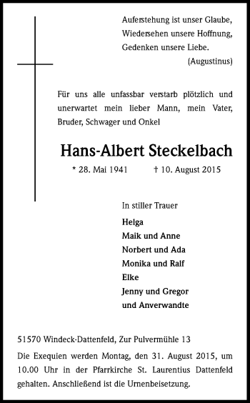Anzeige von Hans-Albert Steckelbach von Kölner Stadt-Anzeiger / Kölnische Rundschau / Express