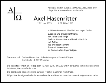Anzeige von Axel Hasenritter von Kölner Stadt-Anzeiger / Kölnische Rundschau / Express