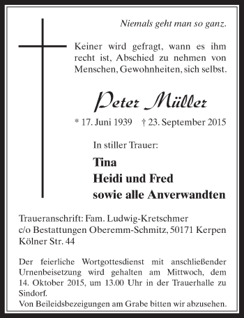 Anzeige von Peter Müller von  Werbepost 