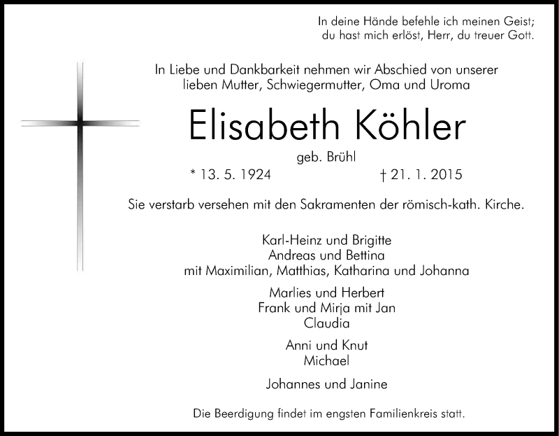  Traueranzeige für Elisabeth Köhler vom 24.01.2015 aus Kölner Stadt-Anzeiger / Kölnische Rundschau / Express