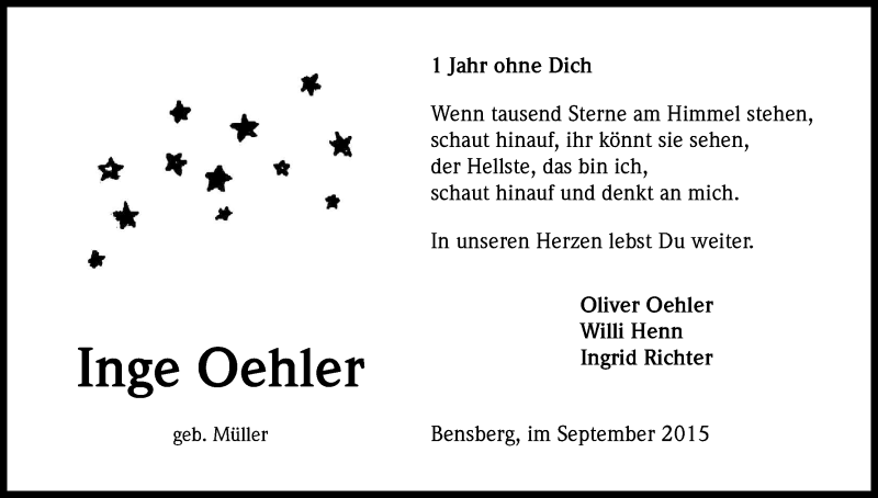  Traueranzeige für Inge Oehler vom 10.09.2015 aus Kölner Stadt-Anzeiger / Kölnische Rundschau / Express