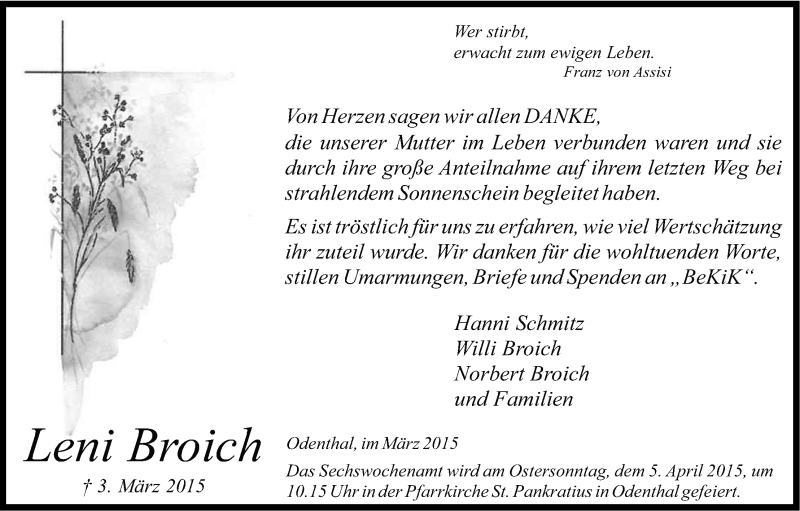  Traueranzeige für Leni Broich vom 28.03.2015 aus Kölner Stadt-Anzeiger / Kölnische Rundschau / Express