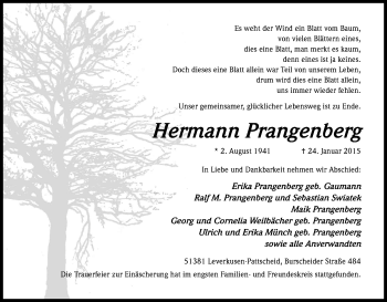 Anzeige von Hermann Prangenberg von Kölner Stadt-Anzeiger / Kölnische Rundschau / Express