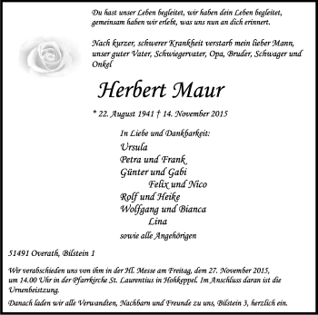 Anzeige von Herbert Maur von Kölner Stadt-Anzeiger / Kölnische Rundschau / Express