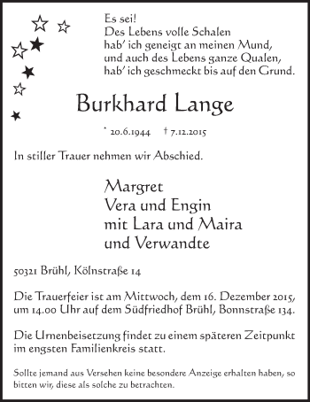 Anzeige von Burkhard Lange von  Schlossbote/Werbekurier 