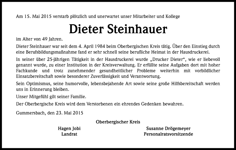  Traueranzeige für Dieter Steinhauer vom 23.05.2015 aus Kölner Stadt-Anzeiger / Kölnische Rundschau / Express