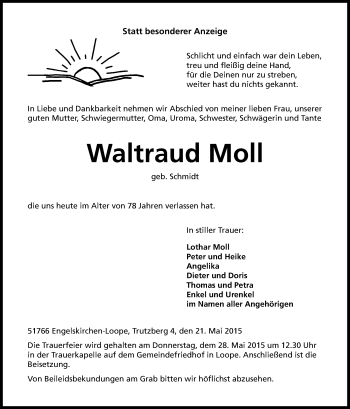 Anzeige von Waltraud Moll von Kölner Stadt-Anzeiger / Kölnische Rundschau / Express