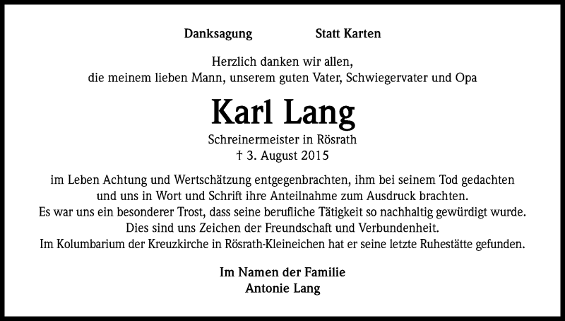  Traueranzeige für Karl Lang vom 05.09.2015 aus Kölner Stadt-Anzeiger / Kölnische Rundschau / Express