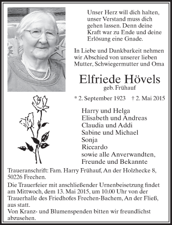Anzeige von Elfriede Hvels von  Sonntags-Post 