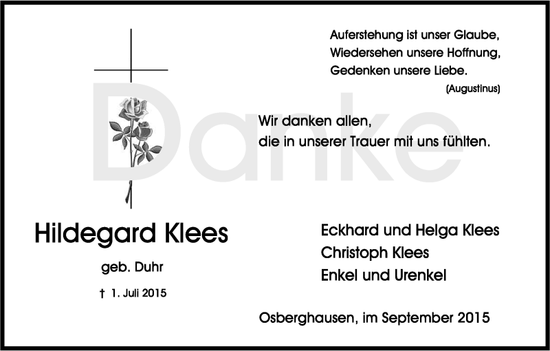  Traueranzeige für Hildegard Klees vom 12.09.2015 aus Kölner Stadt-Anzeiger / Kölnische Rundschau / Express