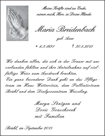 Anzeige von Maria Breidenbach von  Schlossbote/Werbekurier 