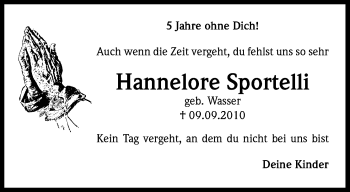 Anzeige von Hannelore Sportelli von Kölner Stadt-Anzeiger / Kölnische Rundschau / Express