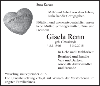 Anzeige von Gisela Renn von  Schlossbote/Werbekurier 