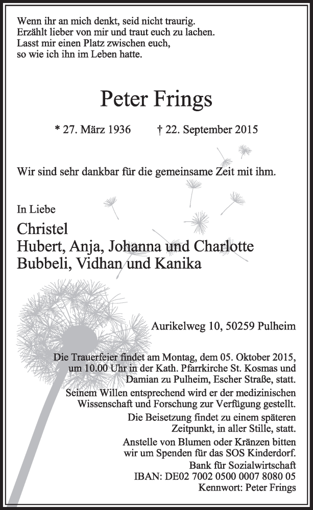  Traueranzeige für Peter Frings vom 26.09.2015 aus  Sonntags-Post 